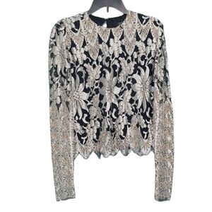 Vintage 80s Metallic Mesh Beaded Embroidered Long Sleeve Dressy Top 10